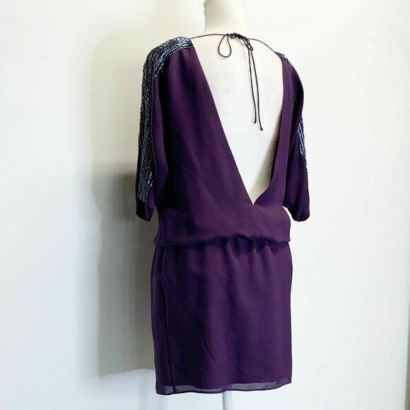 Tibi Beaded Silk Open Back Mini Dress Embellished Sleeve Backless Purple sz 6 - Picture 2 of 11